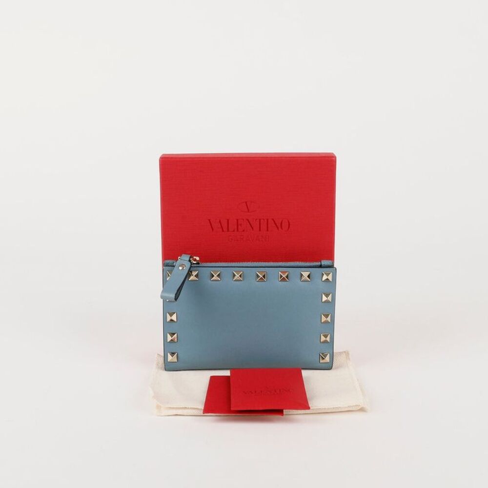 Blue Leather Rockstud Zip Card Holder